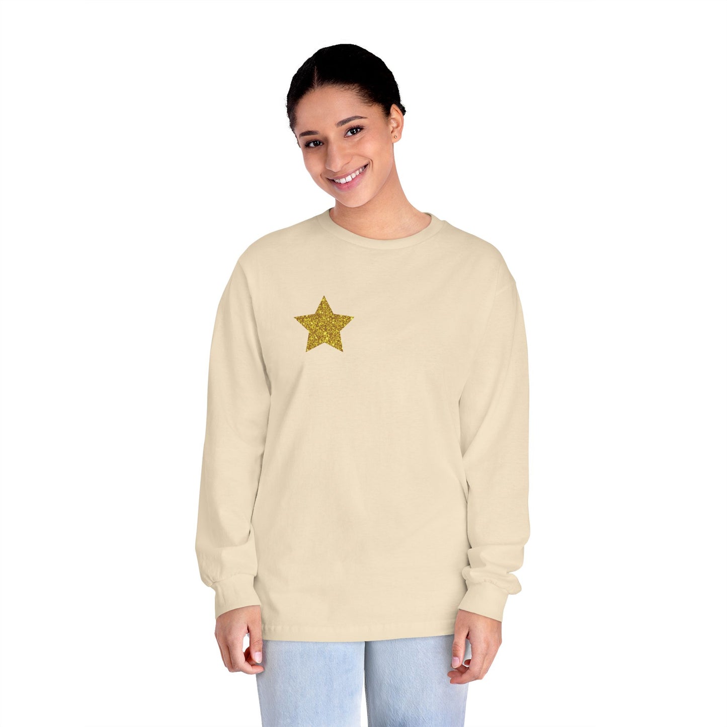 Golden Star Long Sleeve T-Shirt, Casual Shirt, Gift for Her, Holiday Apparel, Everyday Wear, Comfortable Style
