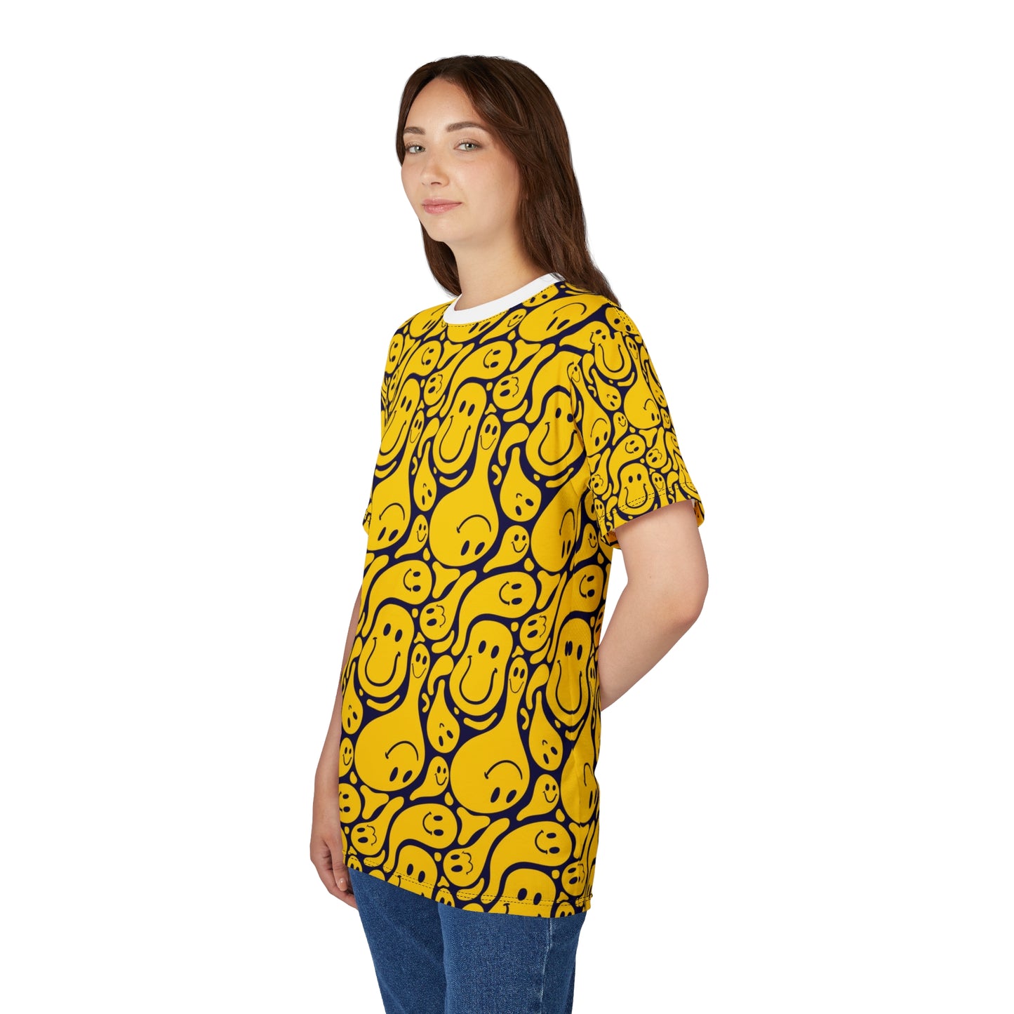 Smiley Face Cut & Sew Tee, Fun Graphic Shirt, Casual Wear, Gift for Friends, Bright Summer Fashion, Cheerful Tee