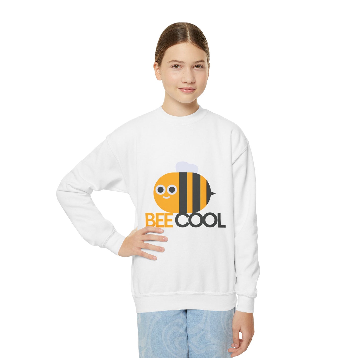 Bee Cool Youth Crewneck Sweatshirt, Cute Bee Sweatshirt, Kids Gift, Spring Fashion, Fun Casual Wear, Animal Themed Clothing