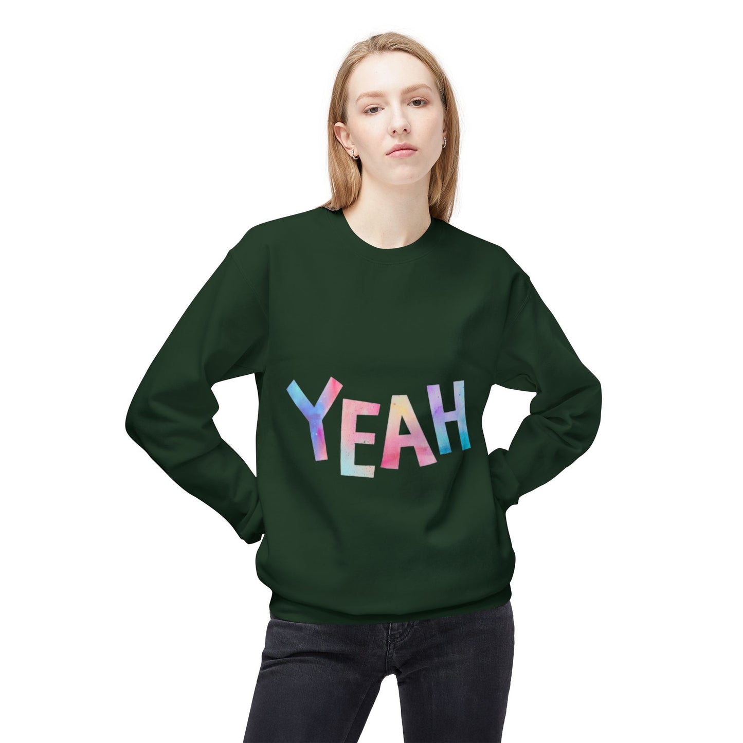 Colorful 'YEAH' Crewneck Sweatshirt, Sweatshirt, Inspirational Gift, Cozy Fleece, Casual Wear, Everyday Comfort