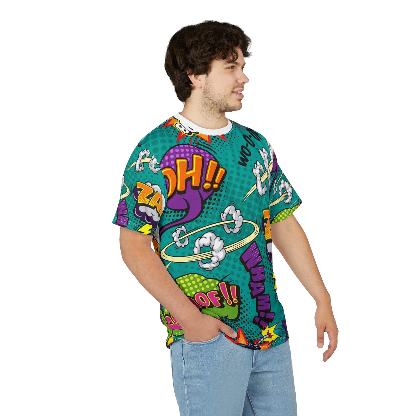 Comic Book Graphic Tee, Tee, AOP T-shirt, Fun Graphic Shirt, Gift for Comic Lovers, Casual Wear, Cartoon Print Tee