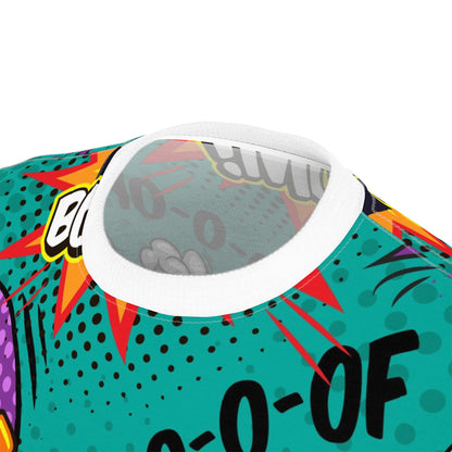 Comic Book Graphic Tee,  Tee, AOP T-shirt, Fun Graphic Shirt, Gift for Comic Lovers, Casual Wear, Cartoon Print Tee