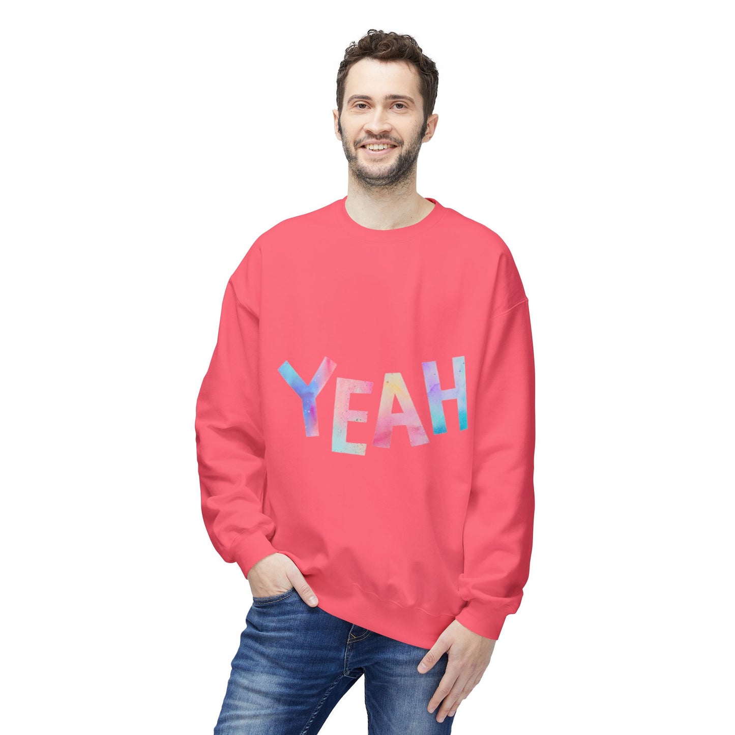 Colorful 'YEAH' Crewneck Sweatshirt,  Sweatshirt, Inspirational Gift, Cozy Fleece, Casual Wear, Everyday Comfort