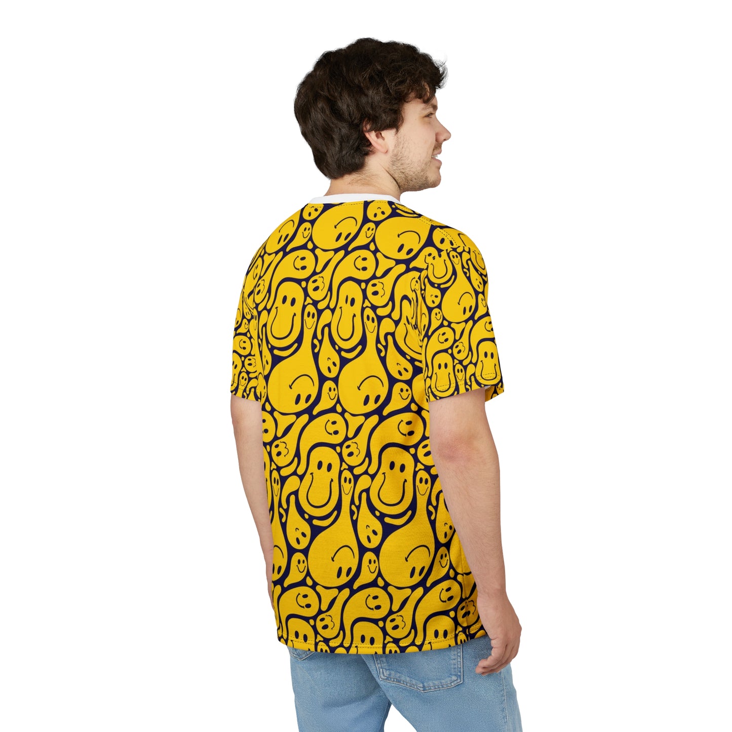 Smiley Face  Cut & Sew Tee, Fun Graphic Shirt, Casual Wear, Gift for Friends, Bright Summer Fashion, Cheerful Tee