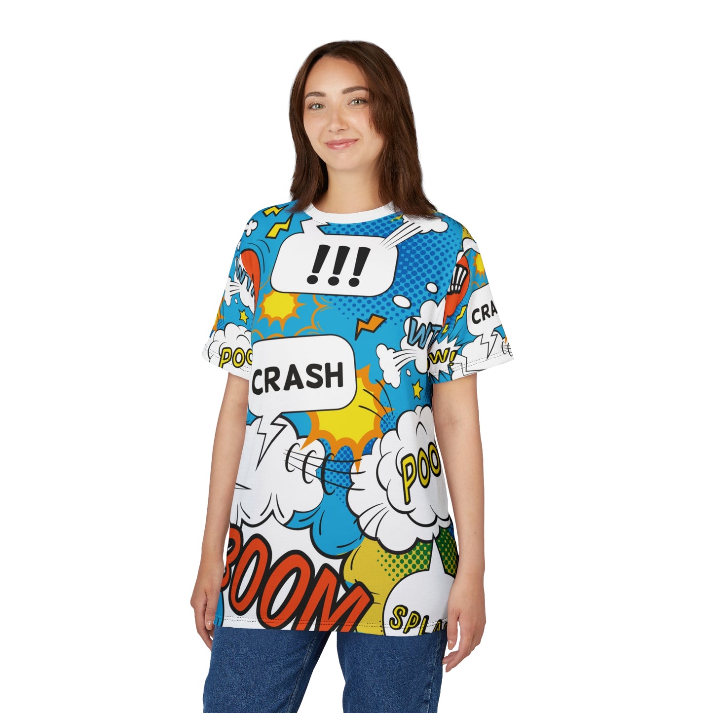 Comic Book Graphic Tee,  Tee, AOP T-shirt, Fun Graphic Shirt, Gift for Comic Lovers, Casual Wear, Cartoon Print Tee