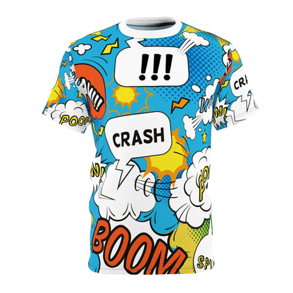 Comic Book Graphic Tee,  Tee, AOP T-shirt, Fun Graphic Shirt, Gift for Comic Lovers, Casual Wear, Cartoon Print Tee