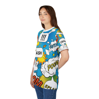 Comic Book Graphic Tee,  Tee, AOP T-shirt, Fun Graphic Shirt, Gift for Comic Lovers, Casual Wear, Cartoon Print Tee