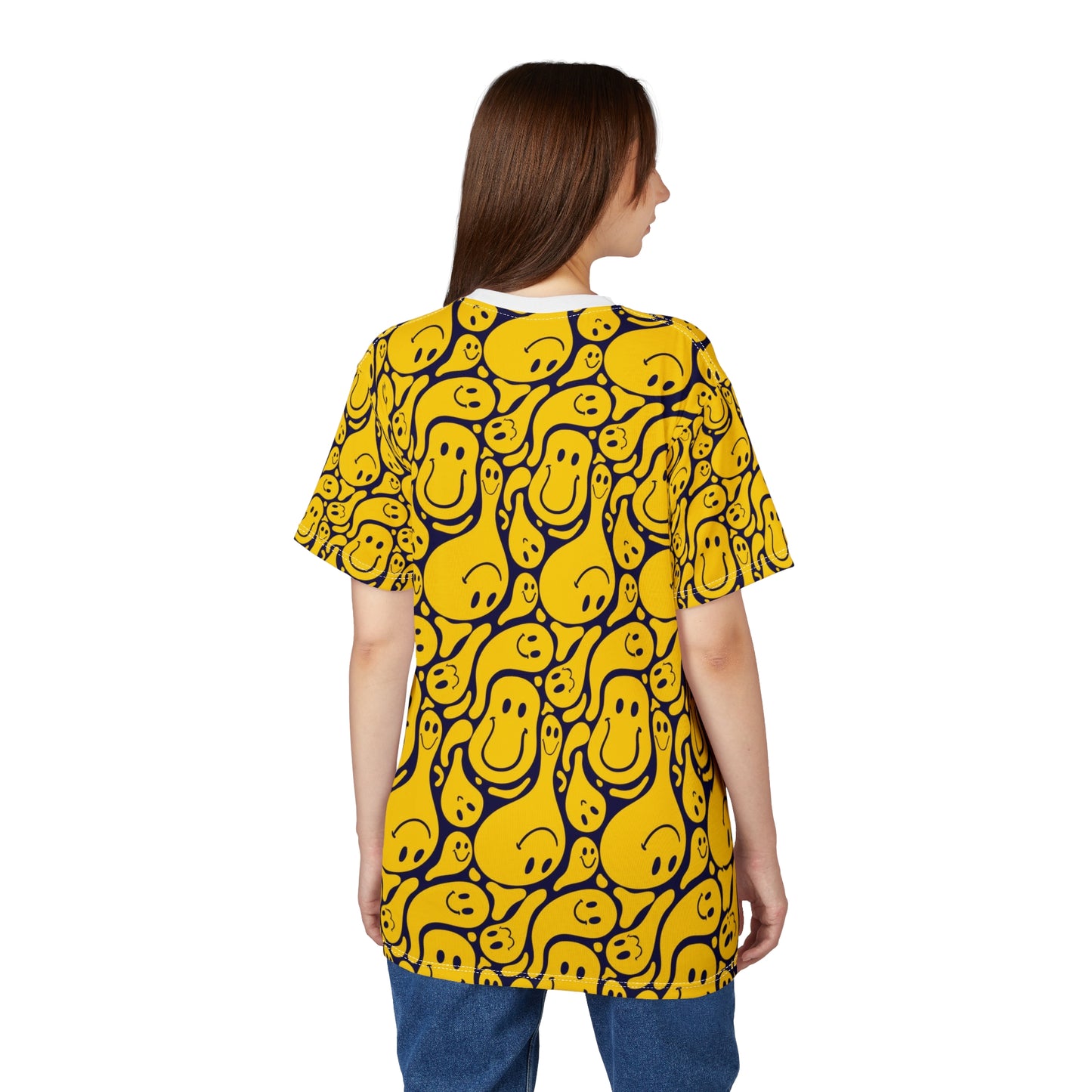 Smiley Face  Cut & Sew Tee, Fun Graphic Shirt, Casual Wear, Gift for Friends, Bright Summer Fashion, Cheerful Tee