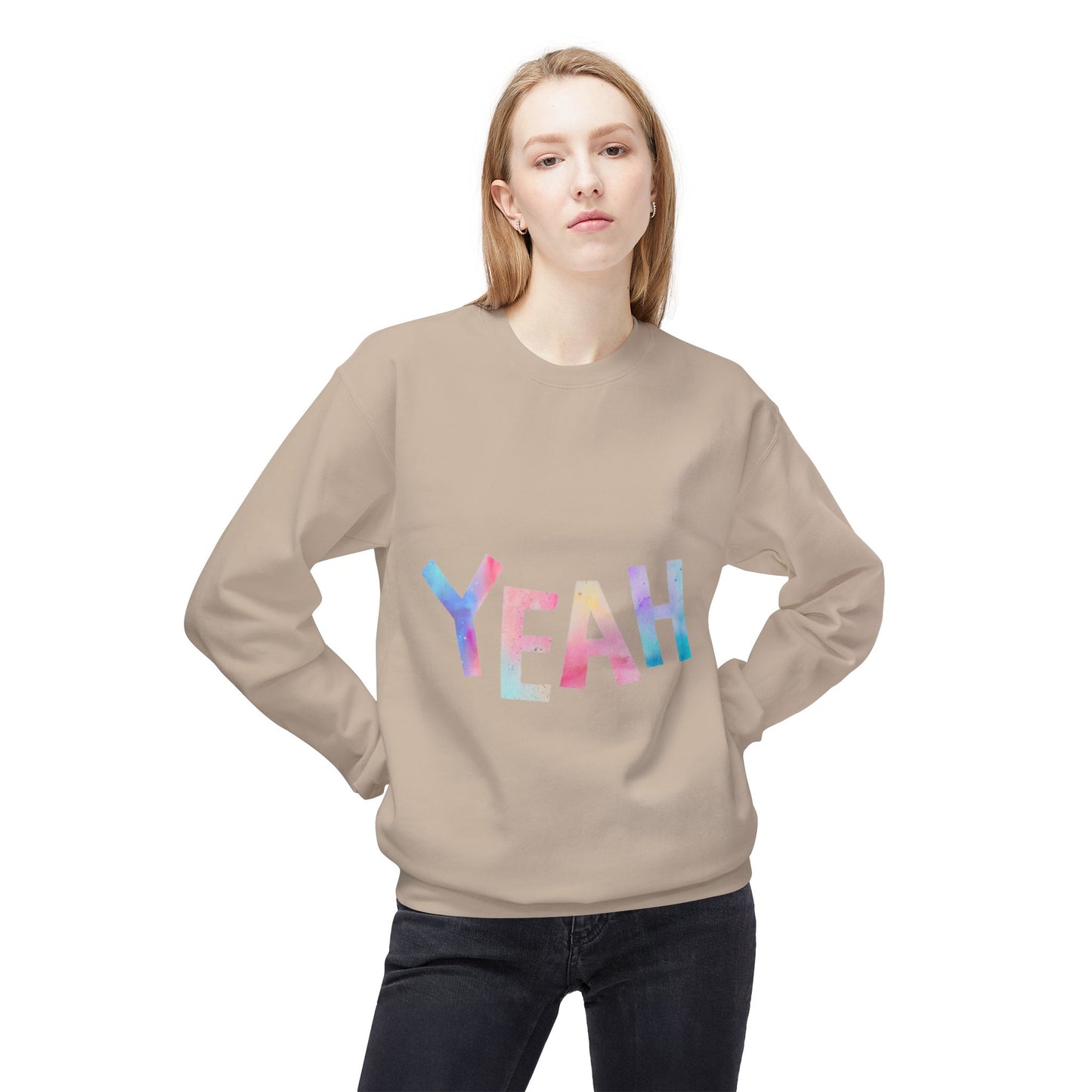 Colorful 'YEAH' Crewneck Sweatshirt,  Sweatshirt, Inspirational Gift, Cozy Fleece, Casual Wear, Everyday Comfort
