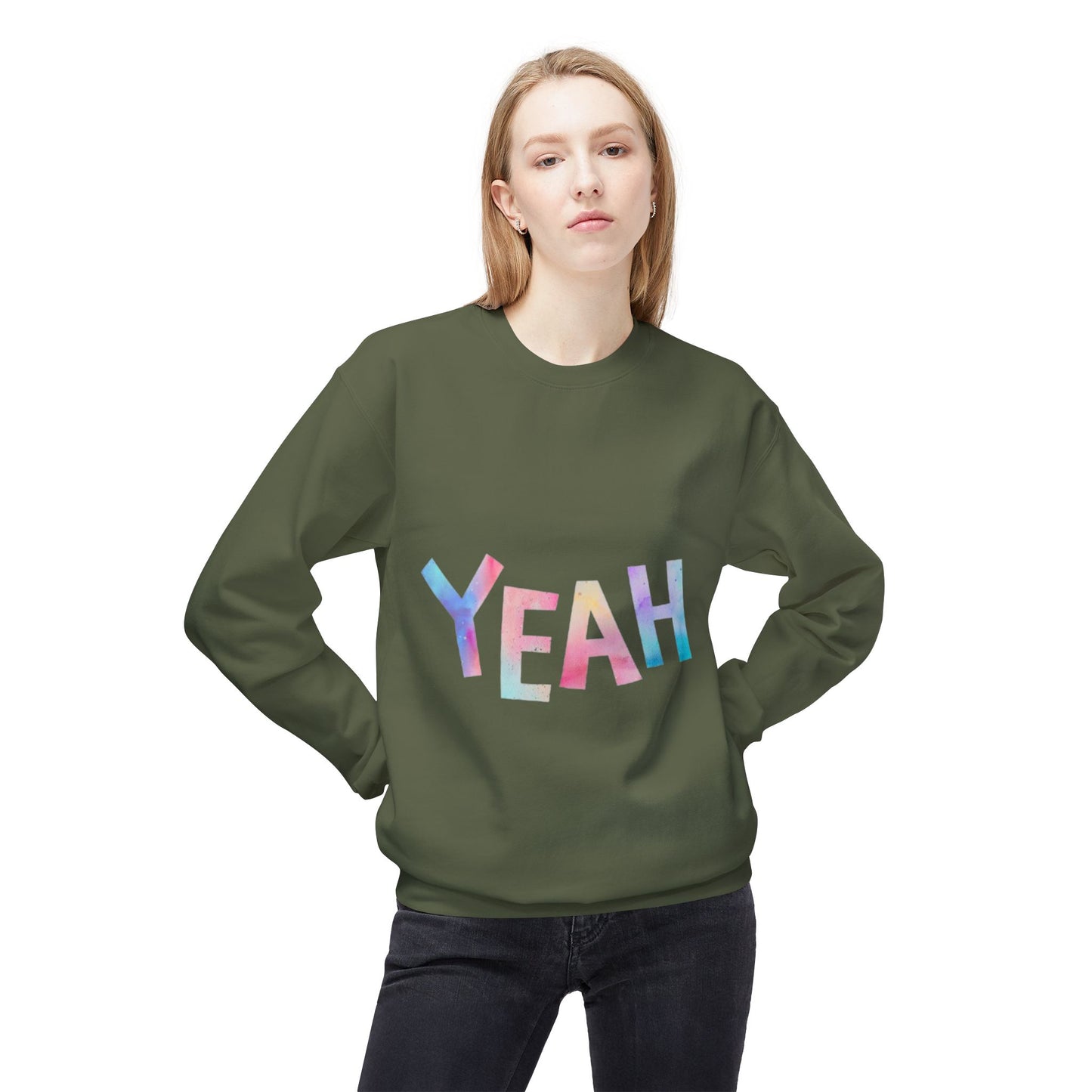 Colorful 'YEAH' Crewneck Sweatshirt,  Sweatshirt, Inspirational Gift, Cozy Fleece, Casual Wear, Everyday Comfort
