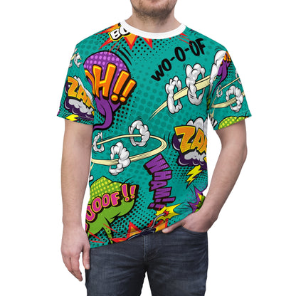 Comic Book Graphic Tee,  Tee, AOP T-shirt, Fun Graphic Shirt, Gift for Comic Lovers, Casual Wear, Cartoon Print Tee