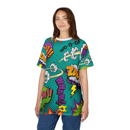 Comic Book Graphic Tee,  Tee, AOP T-shirt, Fun Graphic Shirt, Gift for Comic Lovers, Casual Wear, Cartoon Print Tee