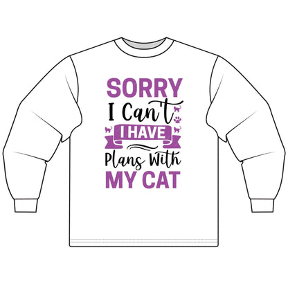Cat Lover's Long Sleeve Tee, Sorry I Can't, Gift for Cat Owners, Cozy Casual Wear, Humor Shirt for Cat Lovers