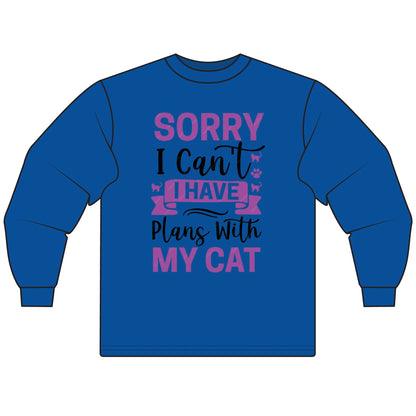Cat Lover's Long Sleeve Tee, Sorry I Can't, Gift for Cat Owners, Cozy Casual Wear, Humor Shirt for Cat Lovers
