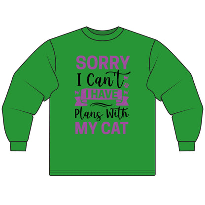 Cat Lover's Long Sleeve Tee, Sorry I Can't, Gift for Cat Owners, Cozy Casual Wear, Humor Shirt for Cat Lovers