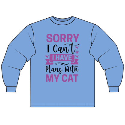 Cat Lover's Long Sleeve Tee, Sorry I Can't, Gift for Cat Owners, Cozy Casual Wear, Humor Shirt for Cat Lovers