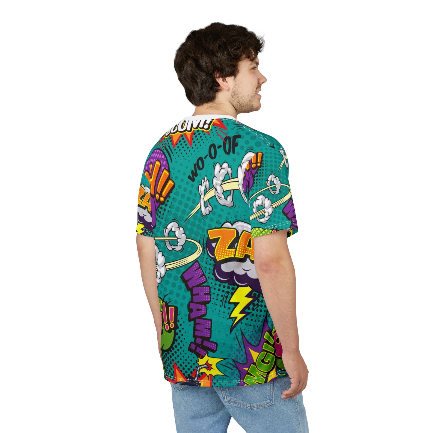 Comic Book Graphic Tee,  Tee, AOP T-shirt, Fun Graphic Shirt, Gift for Comic Lovers, Casual Wear, Cartoon Print Tee