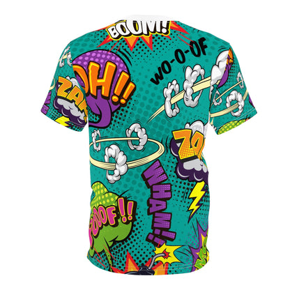 Comic Book Graphic Tee,  Tee, AOP T-shirt, Fun Graphic Shirt, Gift for Comic Lovers, Casual Wear, Cartoon Print Tee