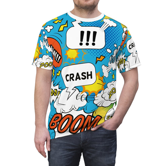 Comic Book Graphic Tee,  Tee, AOP T-shirt, Fun Graphic Shirt, Gift for Comic Lovers, Casual Wear, Cartoon Print Tee