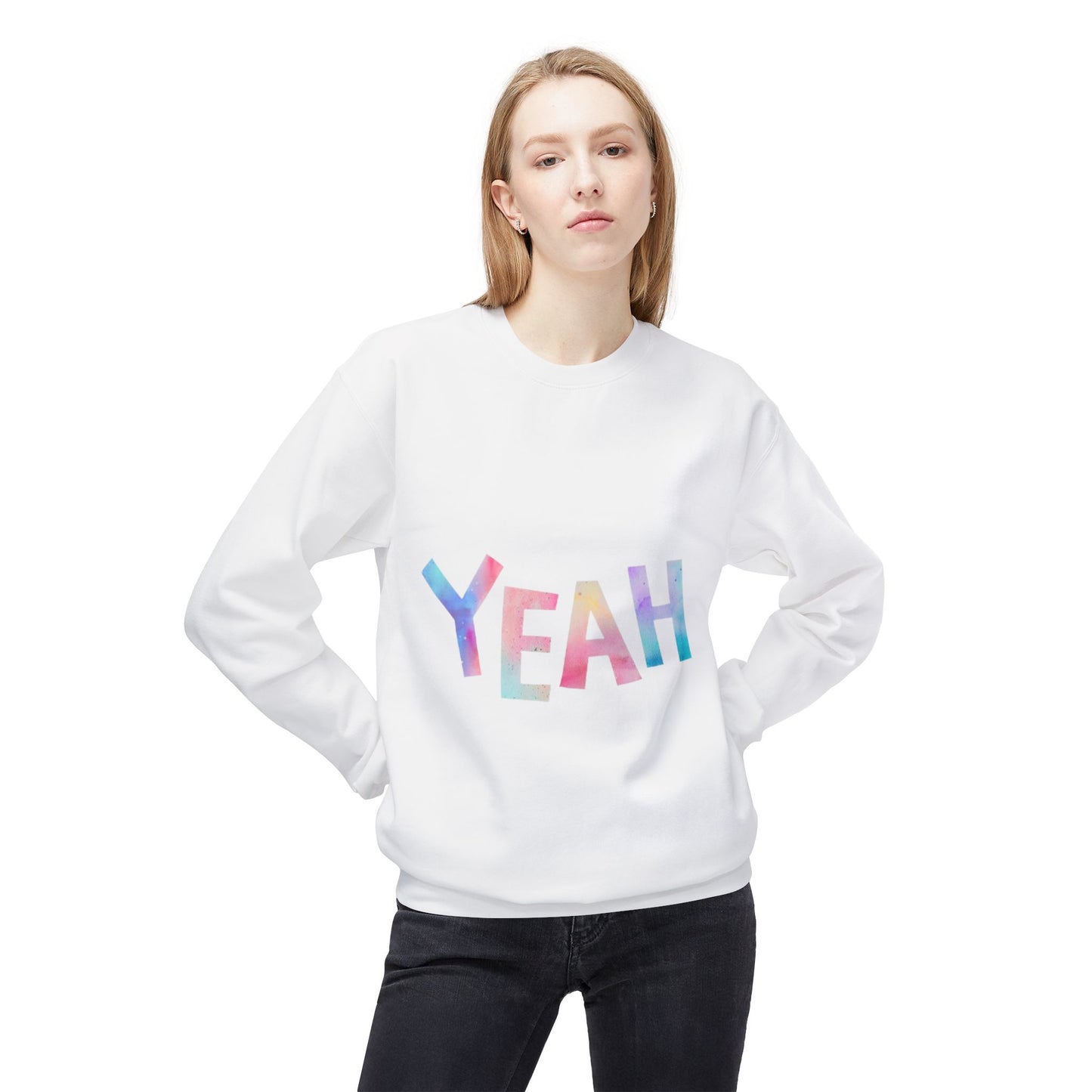 Colorful 'YEAH' Crewneck Sweatshirt,  Sweatshirt, Inspirational Gift, Cozy Fleece, Casual Wear, Everyday Comfort