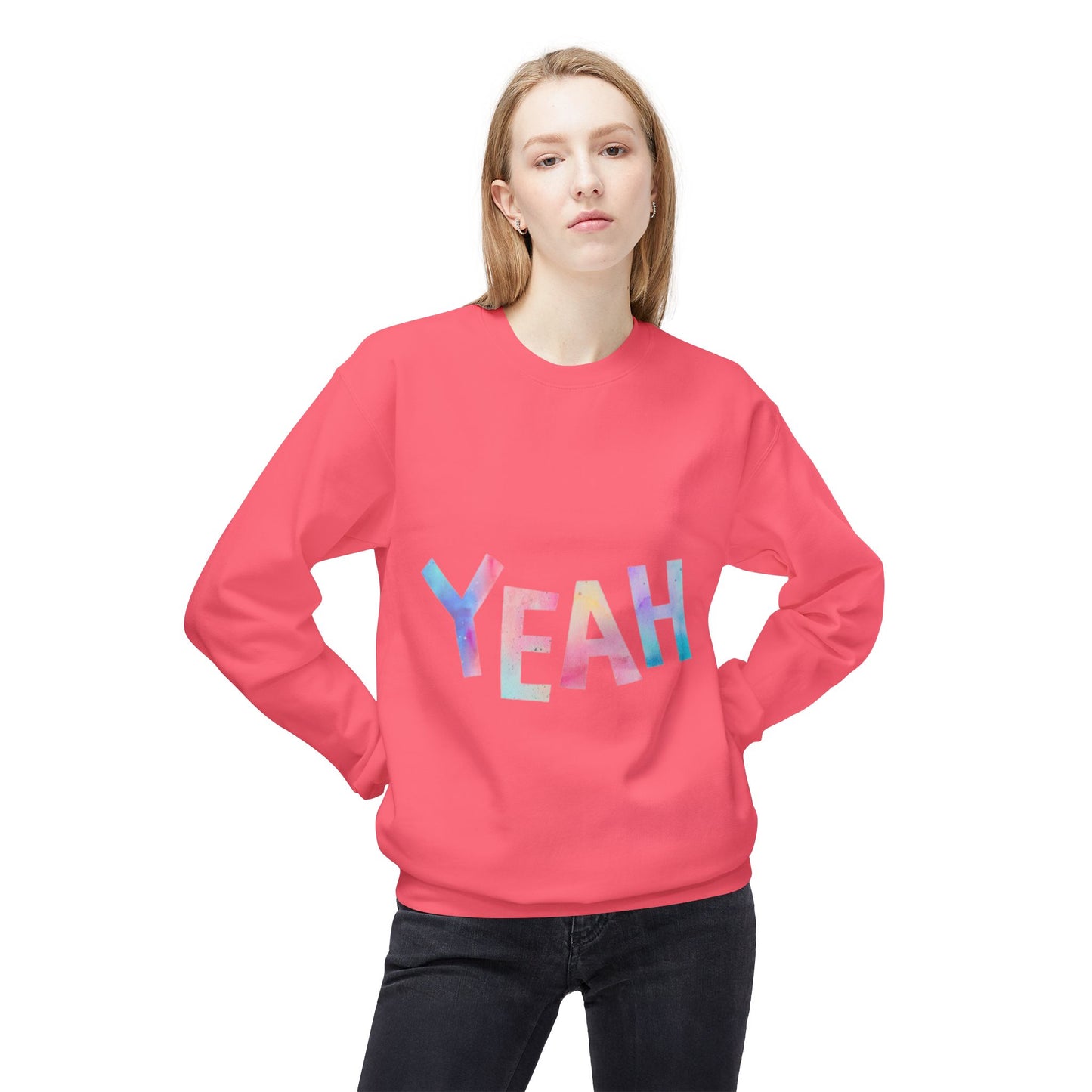 Colorful 'YEAH' Crewneck Sweatshirt,  Sweatshirt, Inspirational Gift, Cozy Fleece, Casual Wear, Everyday Comfort
