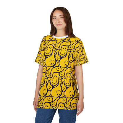 Smiley Face  Cut & Sew Tee, Fun Graphic Shirt, Casual Wear, Gift for Friends, Bright Summer Fashion, Cheerful Tee