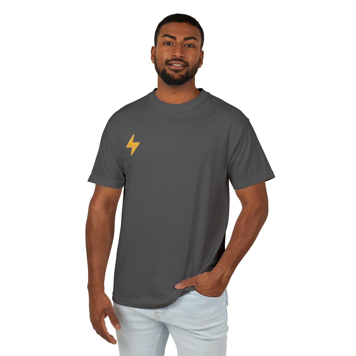 Heavyweight Cotton Tee with Lightning Bolt Design, Casual T-Shirt for Everyday Wear, Gifts for Friends, Birthday, Music Festival