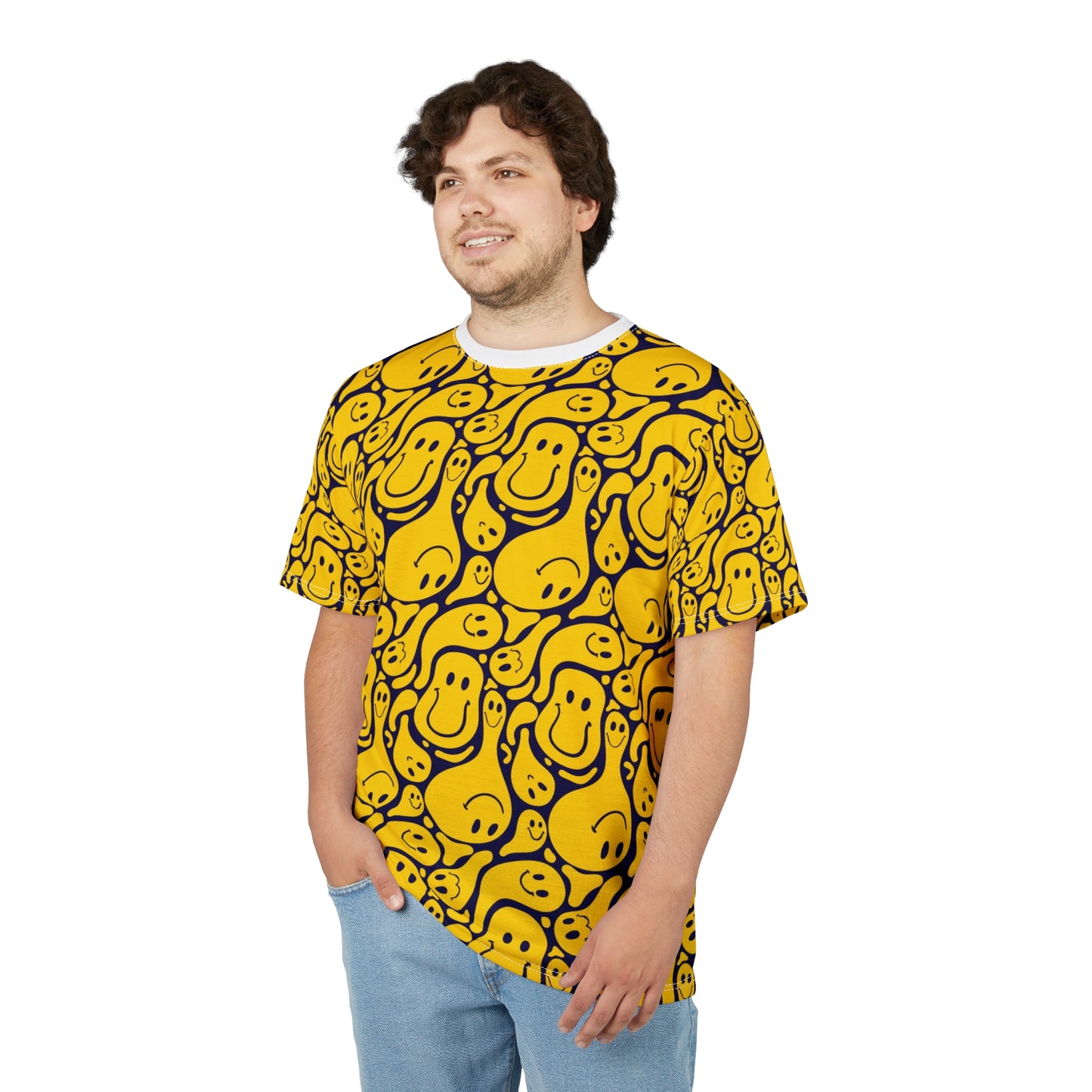 Smiley Face  Cut & Sew Tee, Fun Graphic Shirt, Casual Wear, Gift for Friends, Bright Summer Fashion, Cheerful Tee