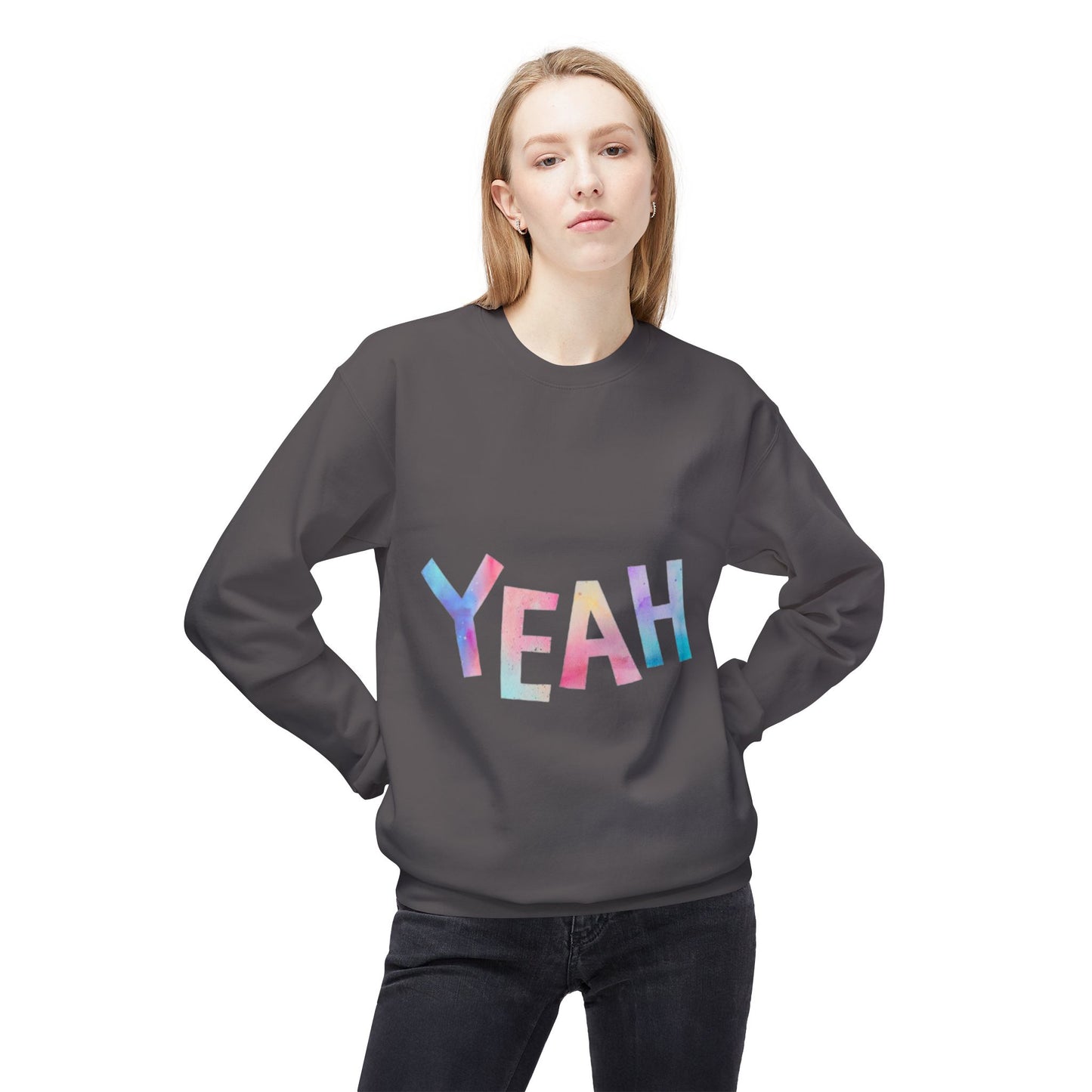 Colorful 'YEAH' Crewneck Sweatshirt,  Sweatshirt, Inspirational Gift, Cozy Fleece, Casual Wear, Everyday Comfort