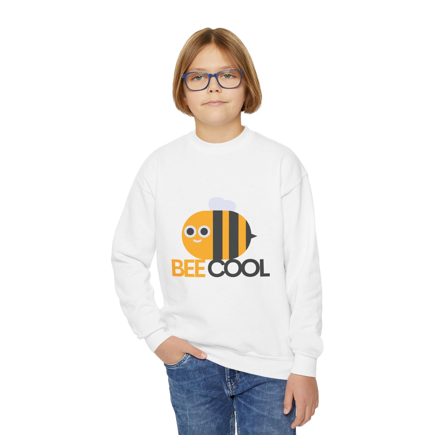 Bee Cool Youth Crewneck Sweatshirt, Cute Bee Sweatshirt, Kids Gift, Spring Fashion, Fun Casual Wear, Animal Themed Clothing