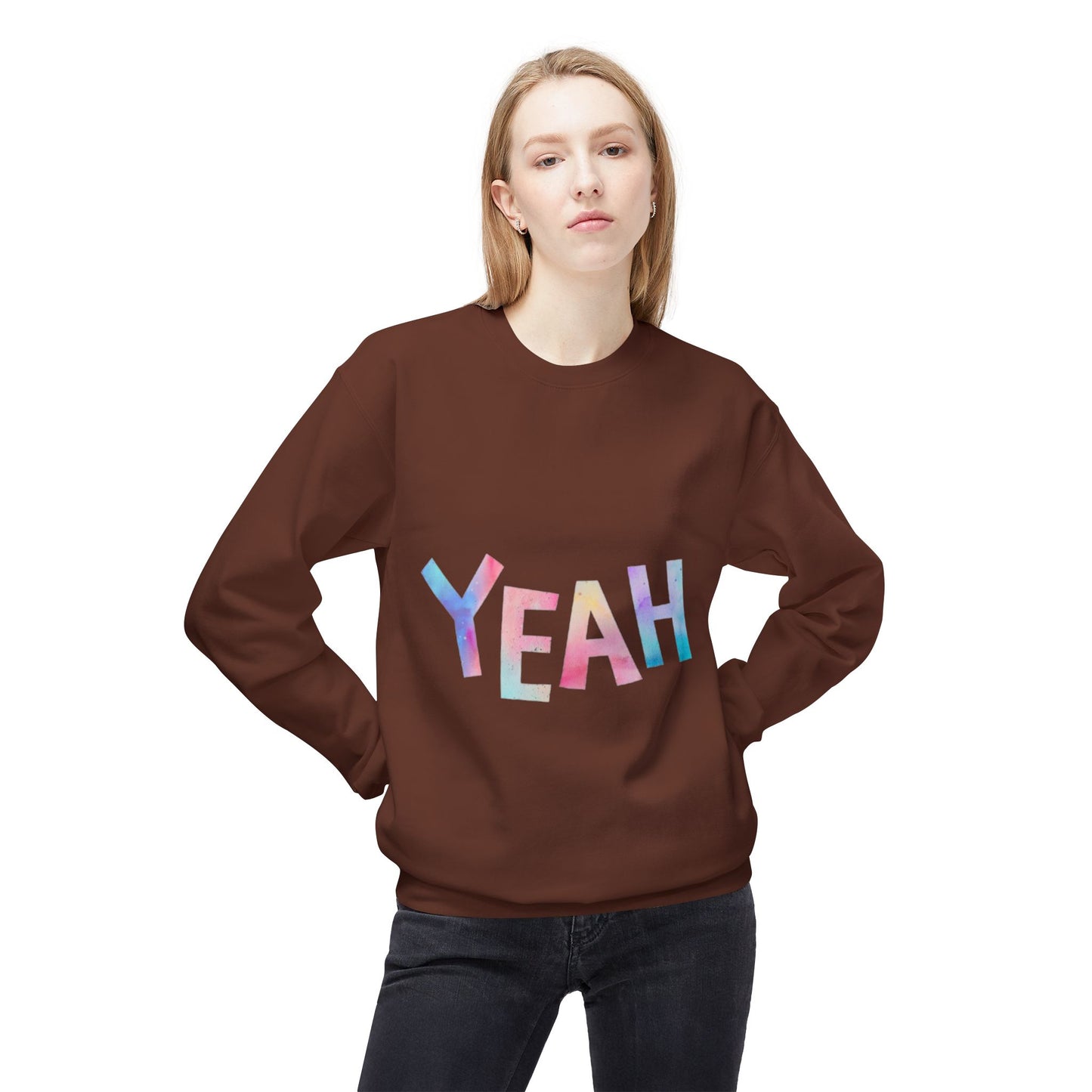 Colorful 'YEAH' Crewneck Sweatshirt,  Sweatshirt, Inspirational Gift, Cozy Fleece, Casual Wear, Everyday Comfort