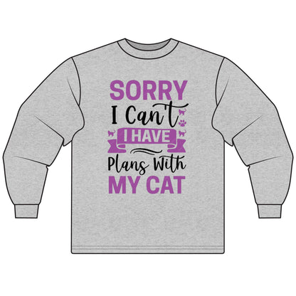 Cat Lover's Long Sleeve Tee, Sorry I Can't, Gift for Cat Owners, Cozy Casual Wear, Humor Shirt for Cat Lovers
