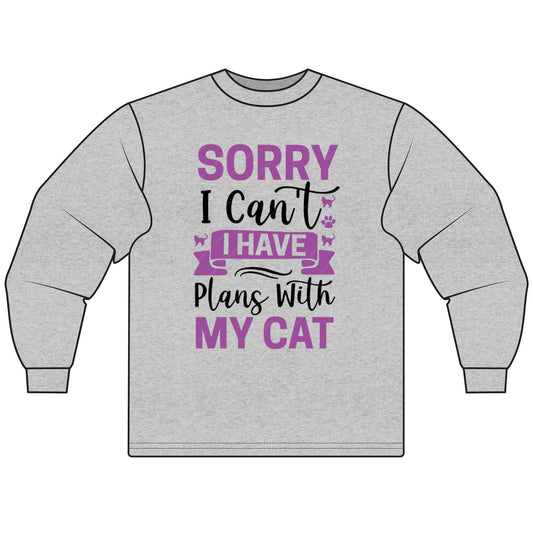 Cat Lover's Long Sleeve Tee, Sorry I Can't, Gift for Cat Owners, Cozy Casual Wear, Humor Shirt for Cat Lovers