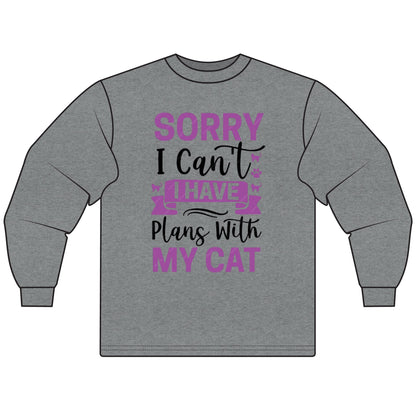 Cat Lover's Long Sleeve Tee, Sorry I Can't, Gift for Cat Owners, Cozy Casual Wear, Humor Shirt for Cat Lovers