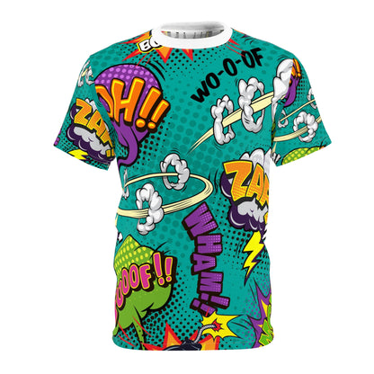 Comic Book Graphic Tee,  Tee, AOP T-shirt, Fun Graphic Shirt, Gift for Comic Lovers, Casual Wear, Cartoon Print Tee