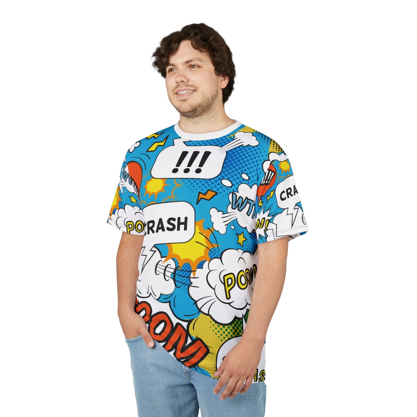 Comic Book Graphic Tee,  Tee, AOP T-shirt, Fun Graphic Shirt, Gift for Comic Lovers, Casual Wear, Cartoon Print Tee