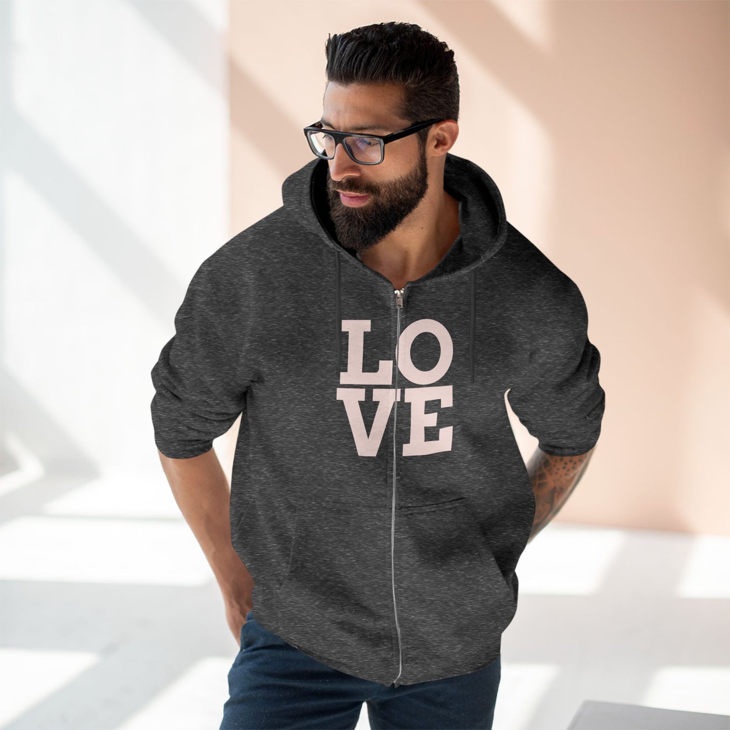 Zip Hoodie with Love Design, Cozy Streetwear for Couples, Valentine's Gift, Casual Wear, Everyday Comfort