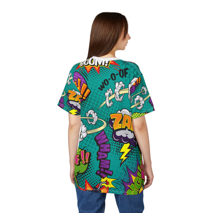 Comic Book Graphic Tee,  Tee, AOP T-shirt, Fun Graphic Shirt, Gift for Comic Lovers, Casual Wear, Cartoon Print Tee