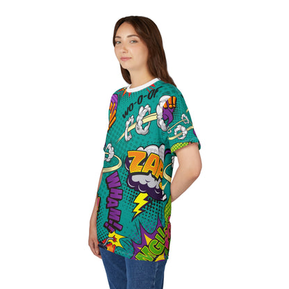 Comic Book Graphic Tee,  Tee, AOP T-shirt, Fun Graphic Shirt, Gift for Comic Lovers, Casual Wear, Cartoon Print Tee