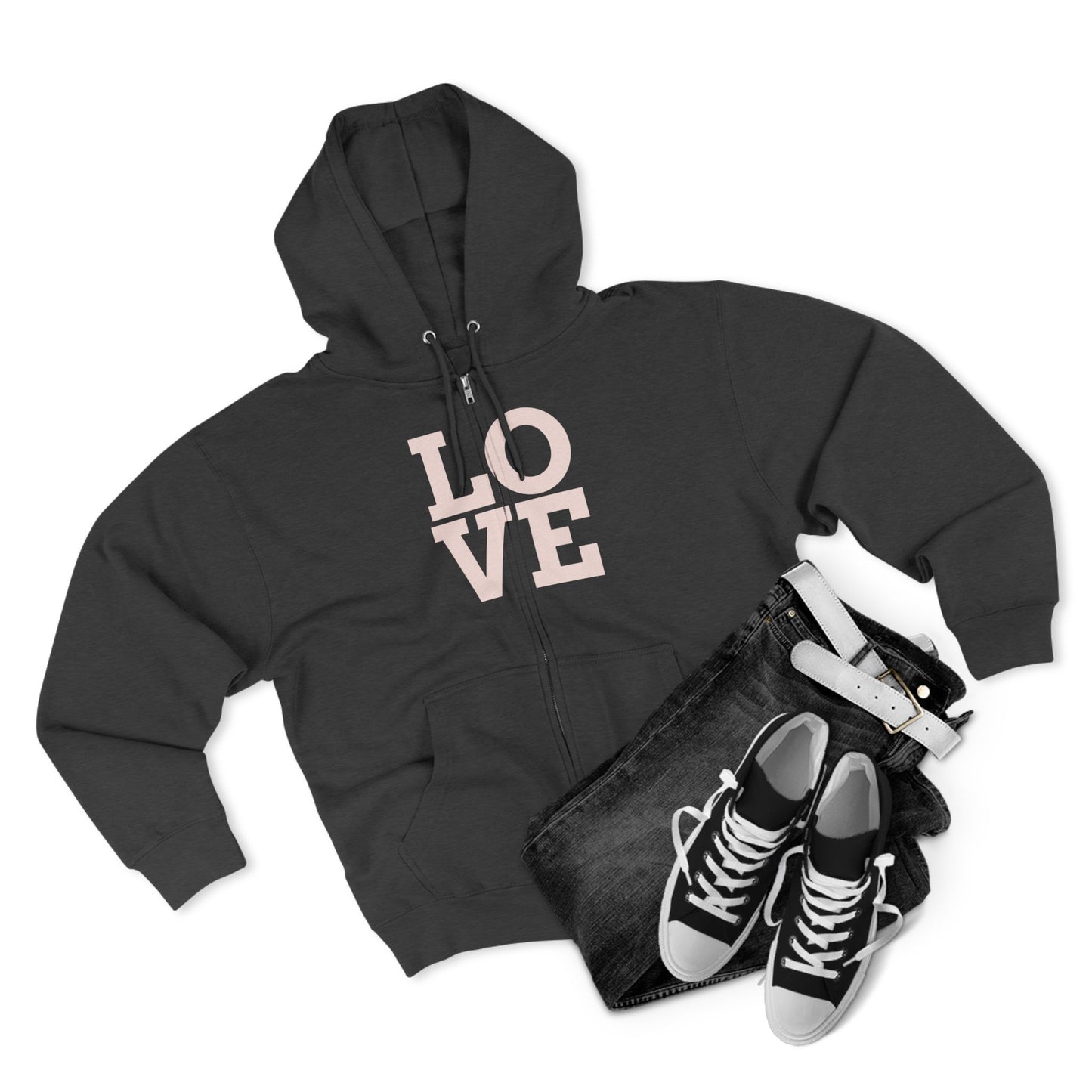 Zip Hoodie with Love Design, Cozy Streetwear for Couples, Valentine's Gift, Casual Wear, Everyday Comfort